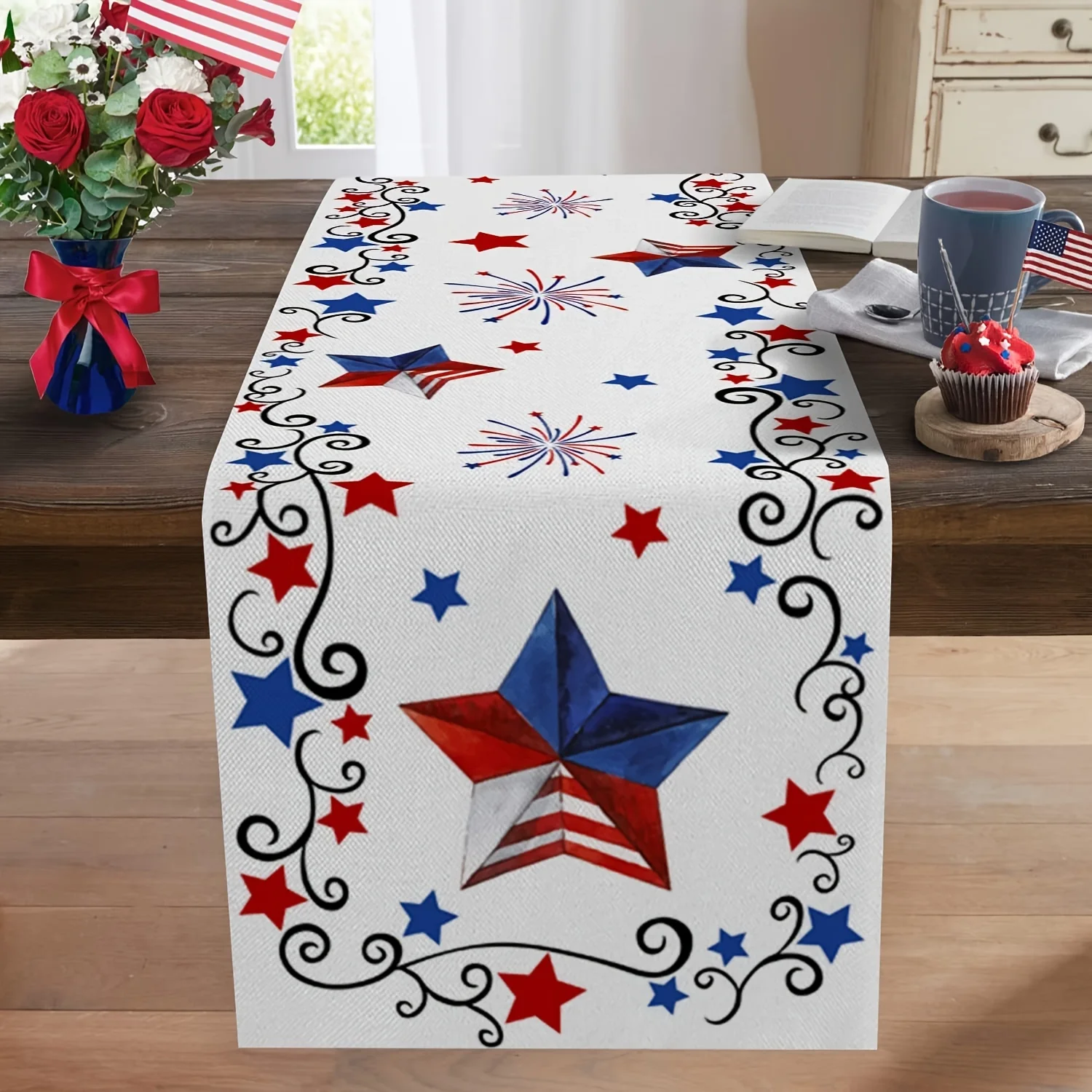 1pc 4th Of July Patriotic Star Table Runners  American Independence Day Linen Table Runner Cloth Dresser Scarves Memor
