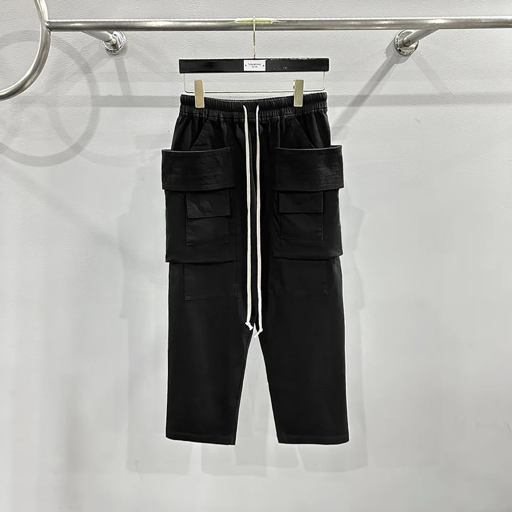 Owens Pants Streetwear Cotton Rick Trouser High Street Biker Cropped Slacks Fashion Double Loop Design Straight Leg RO Overalls