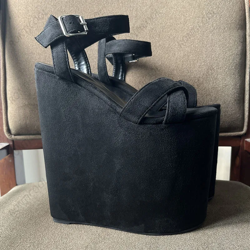 Ronticool New Arrival Women Platform Sandals Wedges High Heels Round Toe Elegant Black Cosplay Shoes Ladies US Plus Size 4-15