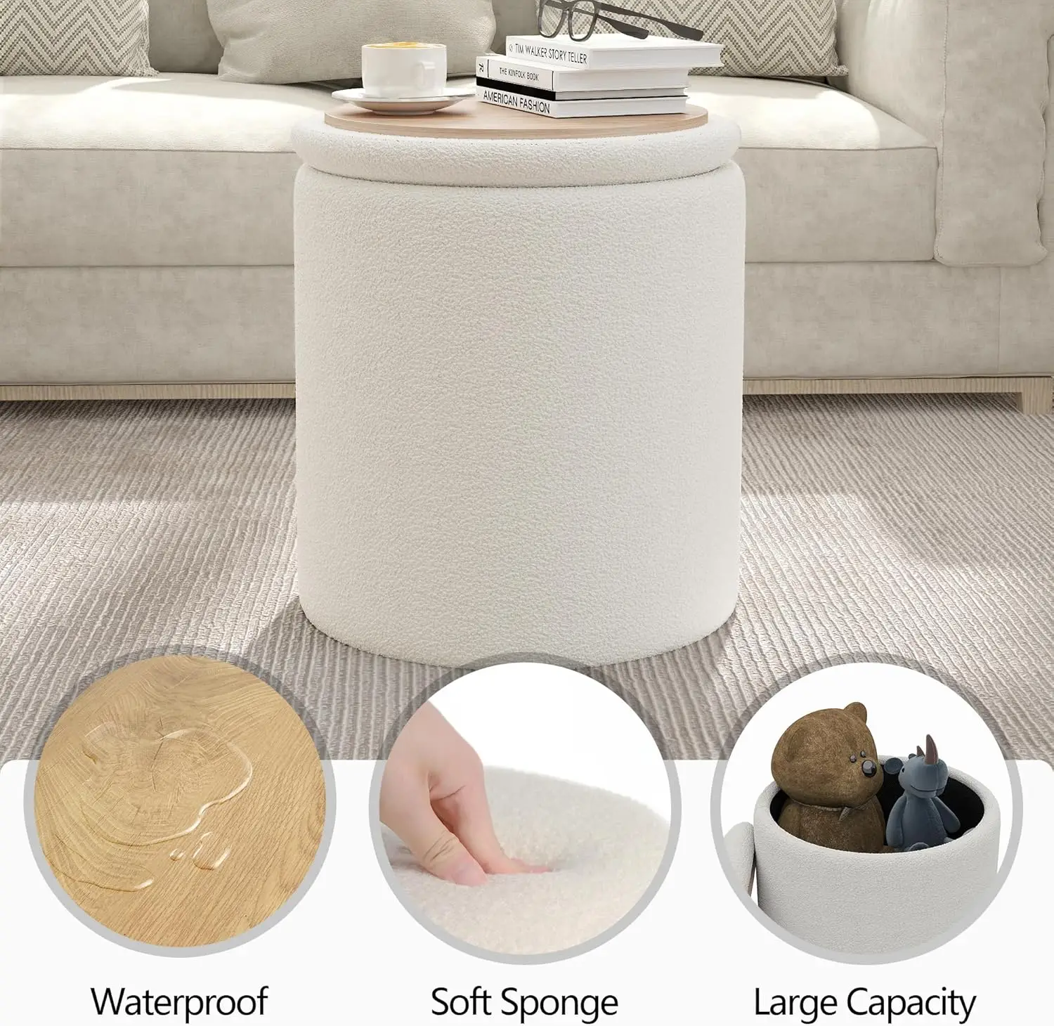 Soft Ottoman Poufs with Storage, Multifunctional Coffee Table Foot Rest for Living Room (White)