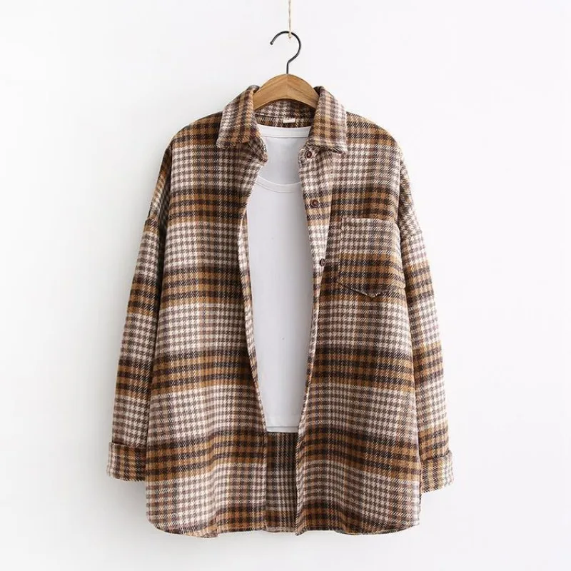 2023 New Fashion Corduroy Shirt Women\'s Autumn Overcoat Oversized Shirt Brown Top Plaid Shirt Overalls Blouse Woman Tops