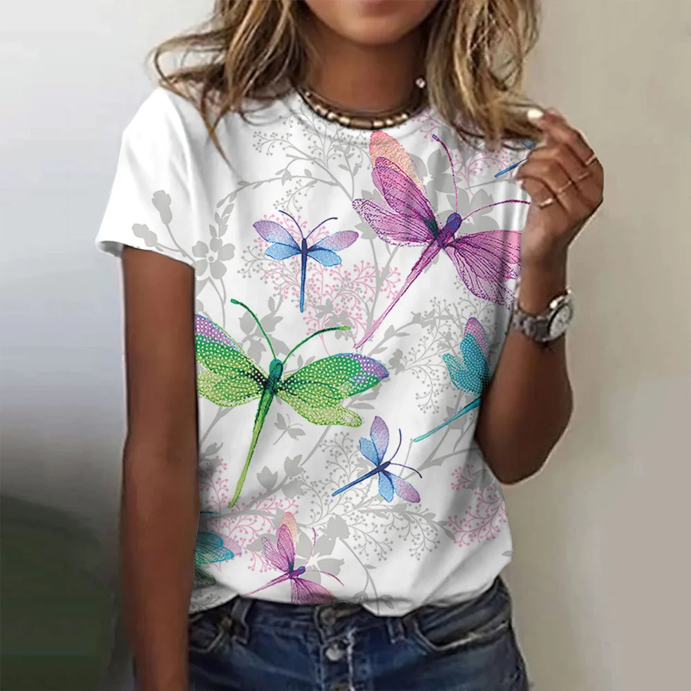 Summer Fashion Blouse 2023 Women\'s T-Shirt Dragonfly Printed Top O-Neck Short Sleeve Fashion Tee Casual T Shirt Female Clothing