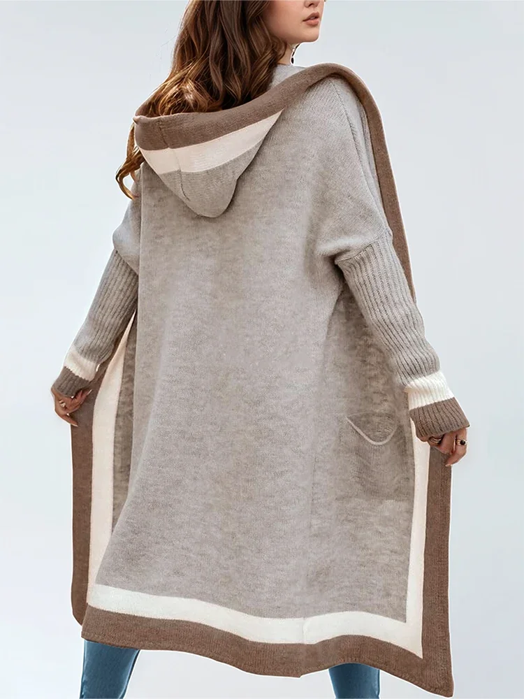 

Women's Hooded Long Cardigan Autumn Winter 2025Vertical Stripes Placket Design with Pockets Fashionable Outerwear