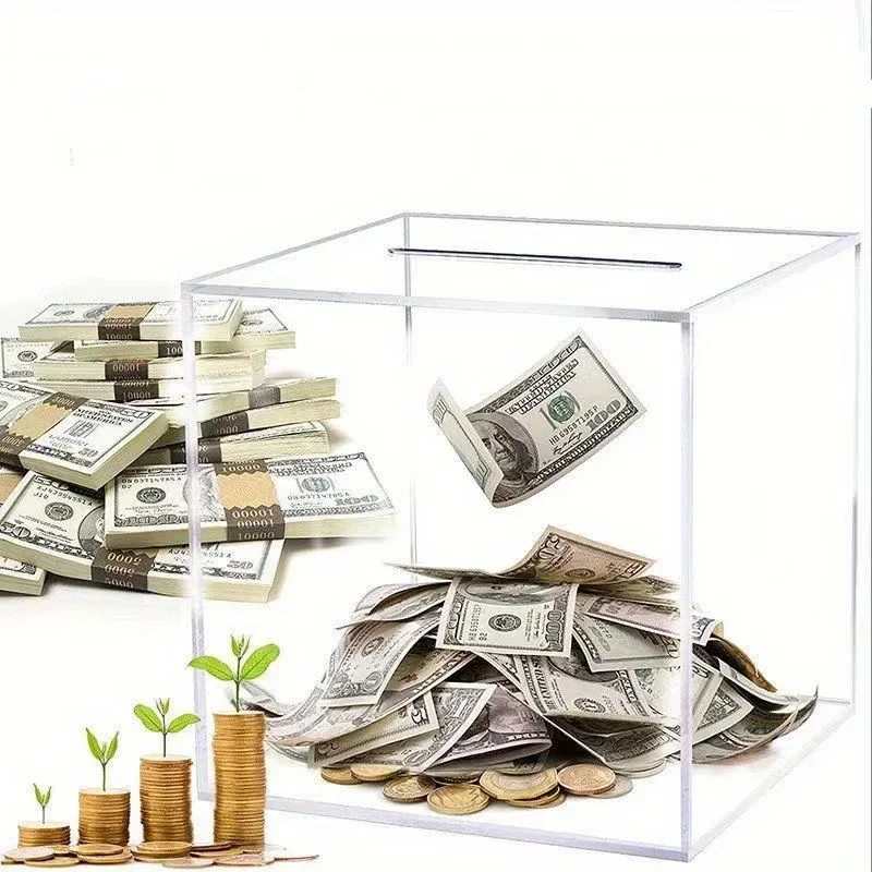 Tirelire carrée transparente en acrylique, banque de pièces en plastique dur Transparent, conteneur de collecteur d'argent, économie unidirectionnelle