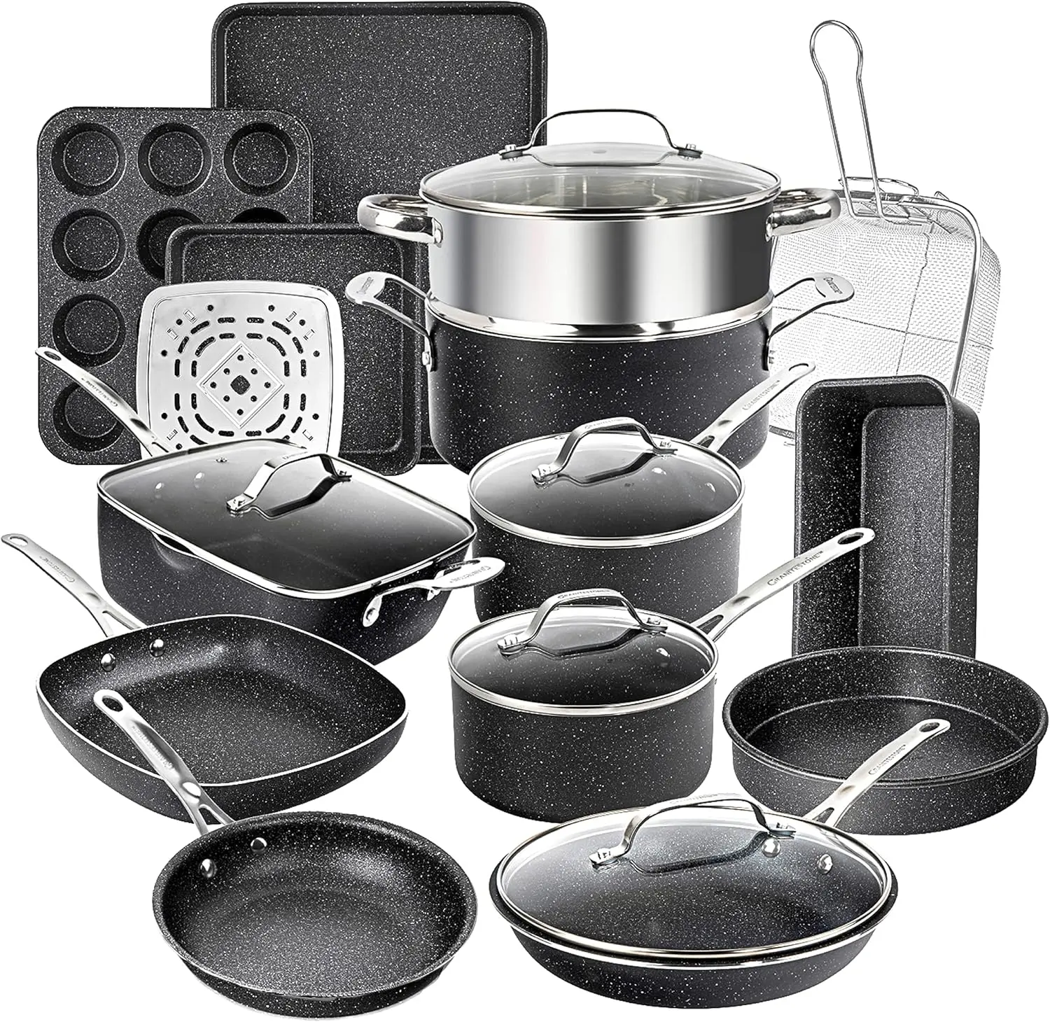 

20-Piece Nonstick Cookware Set with Frying Pan, Bakeware & Steamer, Diamond Infused, PFOS Free, Metal Utensil Safe, Oven & Dishwasher Safe