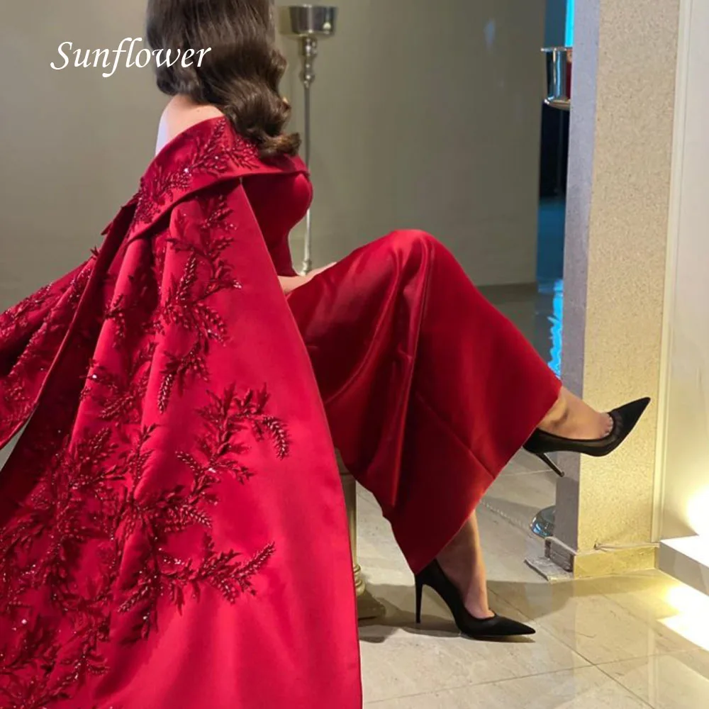 Sunflower Exquisite Off the Shoulder Satin Evening Dress 2023 Slim Arabic Embroidery Appliques High-end Custom Gowns Sweep Train