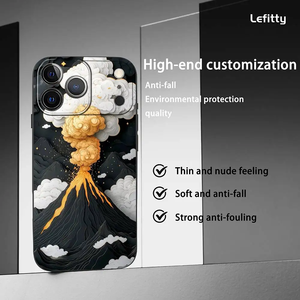 1 ST Vulkaan Art Design Telefoon Case Voor iPhone 17 16 15 14 13 12 11 Pro Max Plus Mini Zwart Frosted Soft Shell Funda