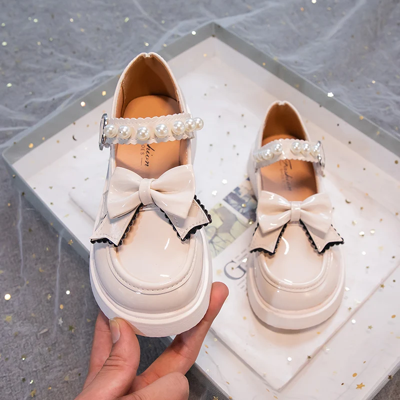 Princess Wedding Leather Shoes Kids Bowknot Flats Pearls Children Girl Dance Glitter Sweet Shoes Fashion Girls Party Dance Shoes