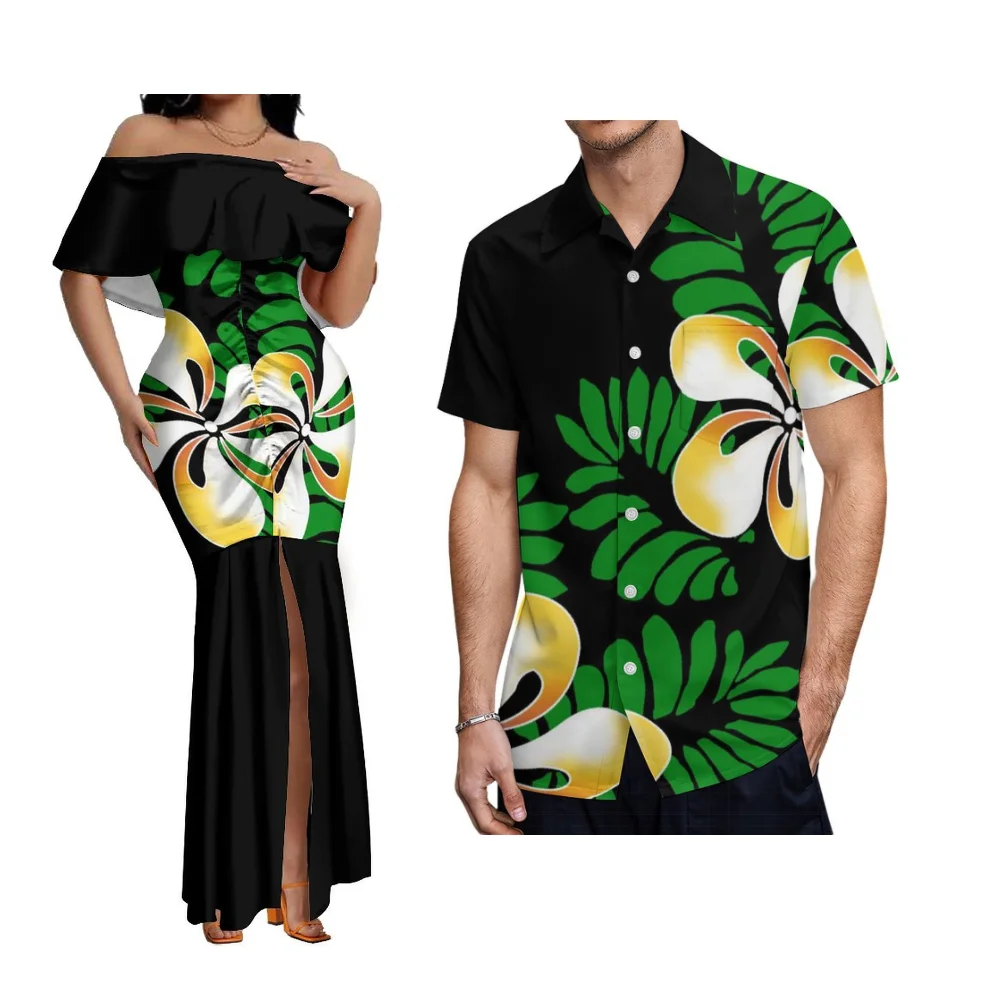 الصيف جزيرة نمط زوجين دعوى كوكتيل حفلة أنيقة المرأة واحدة الكتف ذيل السمكة فستان جزيرة البولينيزية ساموا وقميص رجالي