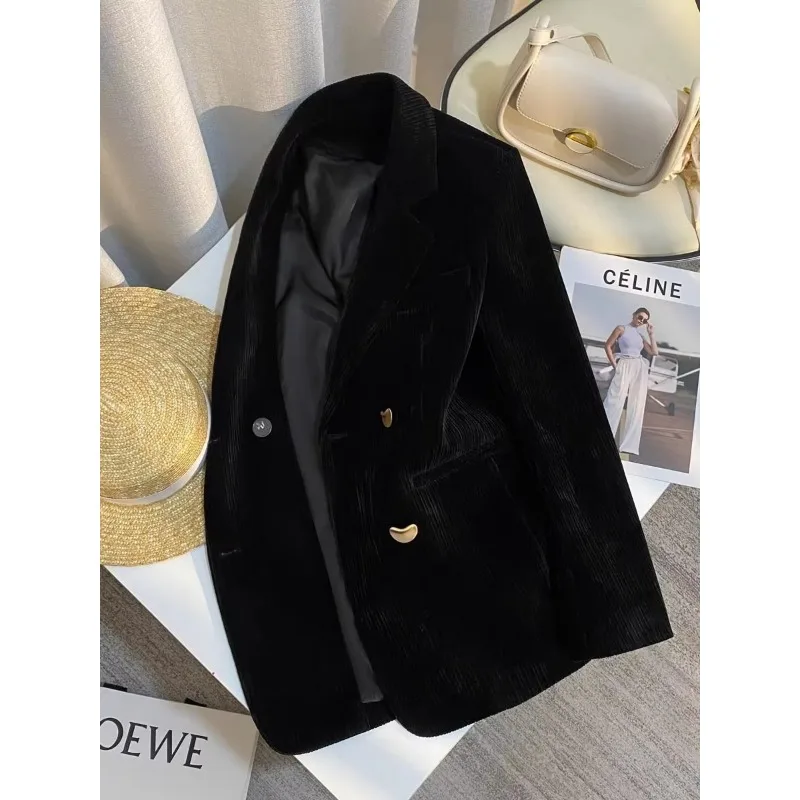 UNXX Autumn/winter Vintage New Casual Short Corduroy Blazer Coats Women\'s Black Love Button Loose Fitting Blazer Women Clothing