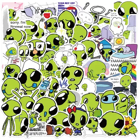 10/52pcs Green Alien Stickers DIY for Scrapbook Phone Guitar Laptop Suitcase Water Bottle Waterproof Decals Sticker Kids Toys
