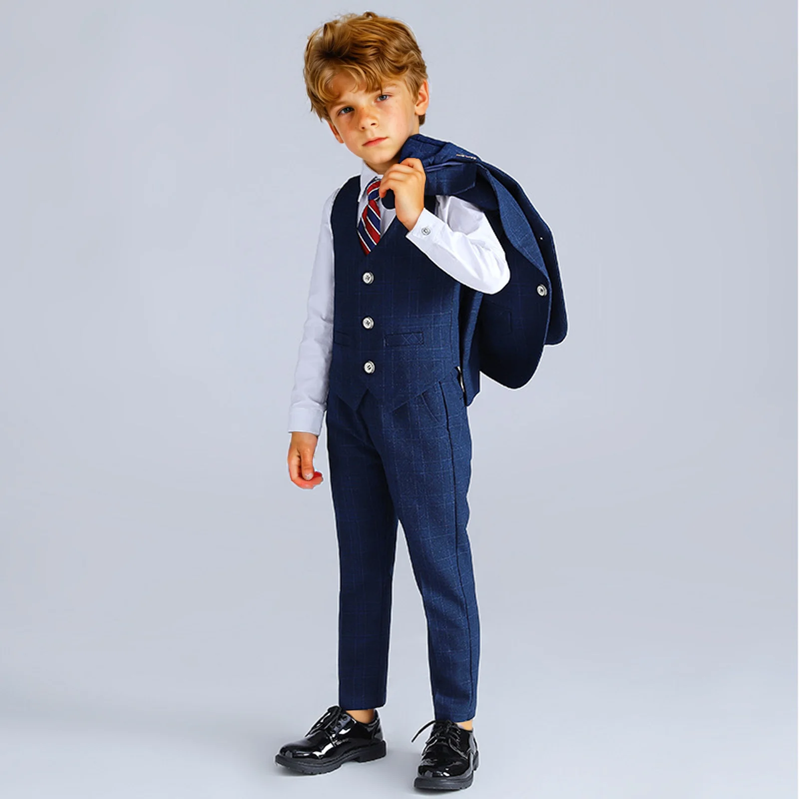 Flower Boys 5Pieces Blue Plaid Wedding Suit Set With Jacket Vest Pants Bowtie Brooch Kids Birthday Party Performance Costume