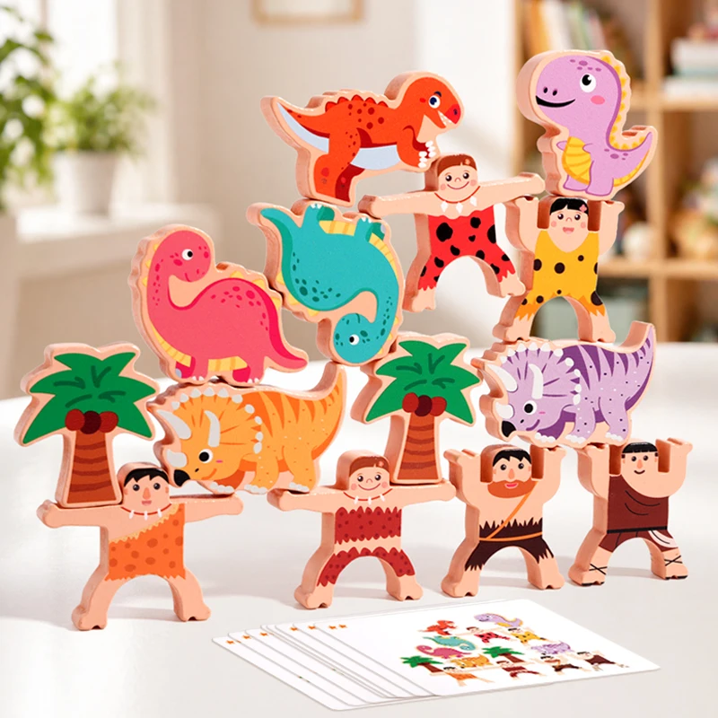 Kids Caveman Wooden Stacking Blocks, Educational Balance Toy for Hand-Eye Coordination, Parent-Child Table Game