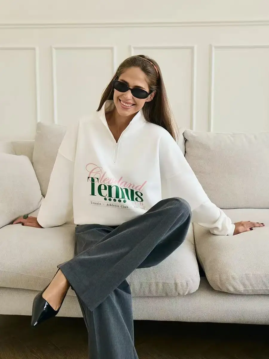 French Letter Print Y2k University Student Clothes Half Zip Hoodie Women Long Sleeve Sports Pullover Polo Shirts Spring 2026 New