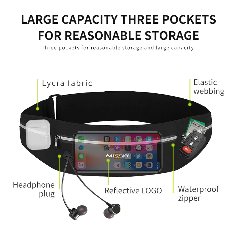 HAISSKY Zipper Running Sports Waistband Phone Pouch For iPhone 14 13 12 11 Pro Max XR Belt Elastic Waist Pack Bag For Xiaomi 12