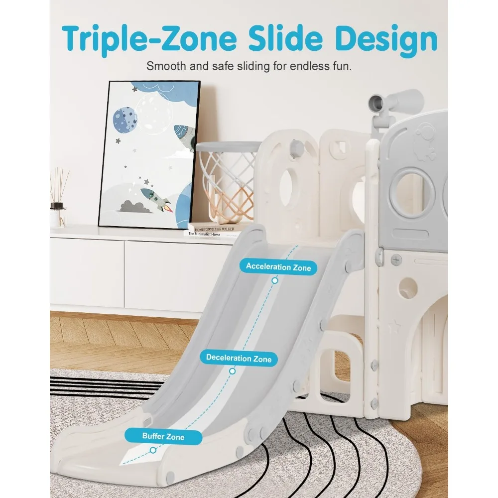Tobogán todo en uno para niños pequeños con características de baloncesto, telescopio y escalada para juegos en interiores