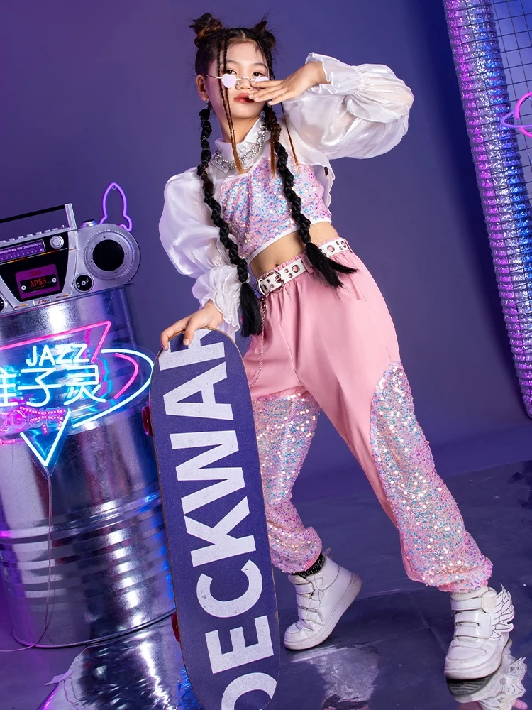 Girls Sequins Jazz Dancing Stage Costume Puff Sleeve Tops Cargo Pants Kpop Clothing Festival Outfit Hip Hop Dancewear YS5289