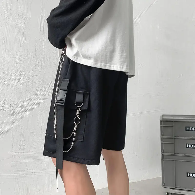 Baggy Cargo Shorts Women Casual Harajuku Hip Hop Pockets Chain Trendy High Street Female Knee Length Wide Leg Trousers Korean