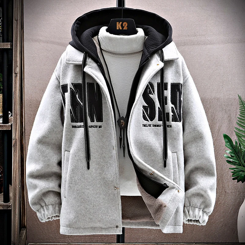 

Зимняя утепленная флисовая куртка с капюшоном для мужчин, повседневное высококачественное шерстяное пальто с декоративной молнией, длинный рукав, молодежный стиль