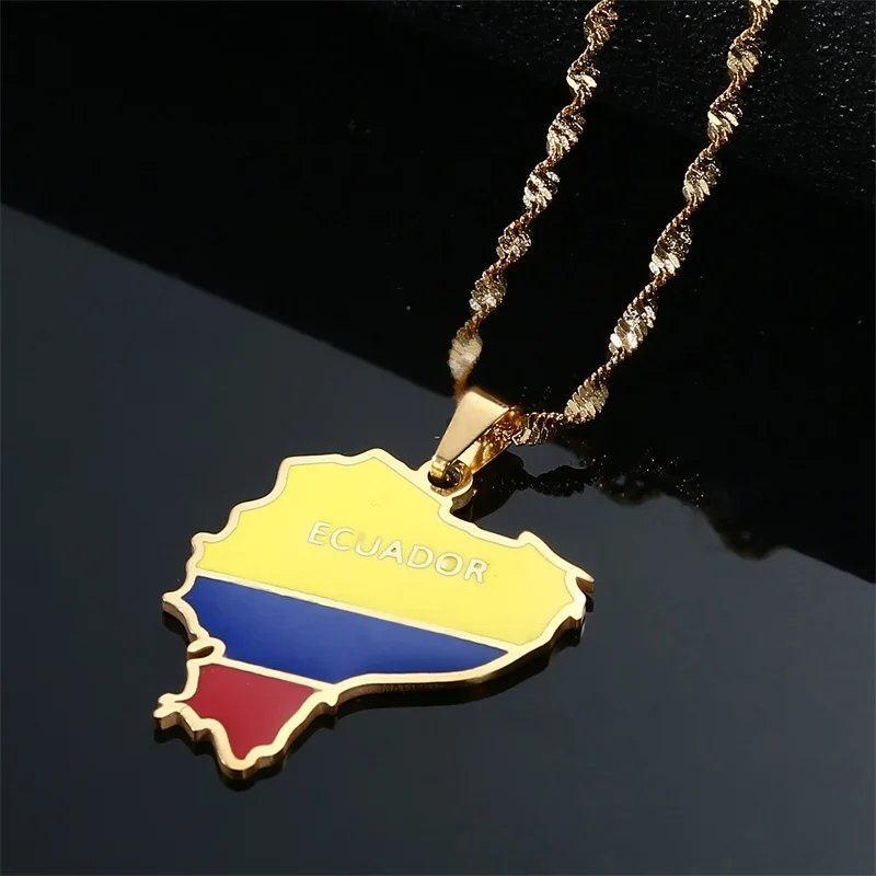 Stainless Steel Ecuador Map With Flag Pendant Necklaces Ecuadorian Jewelry