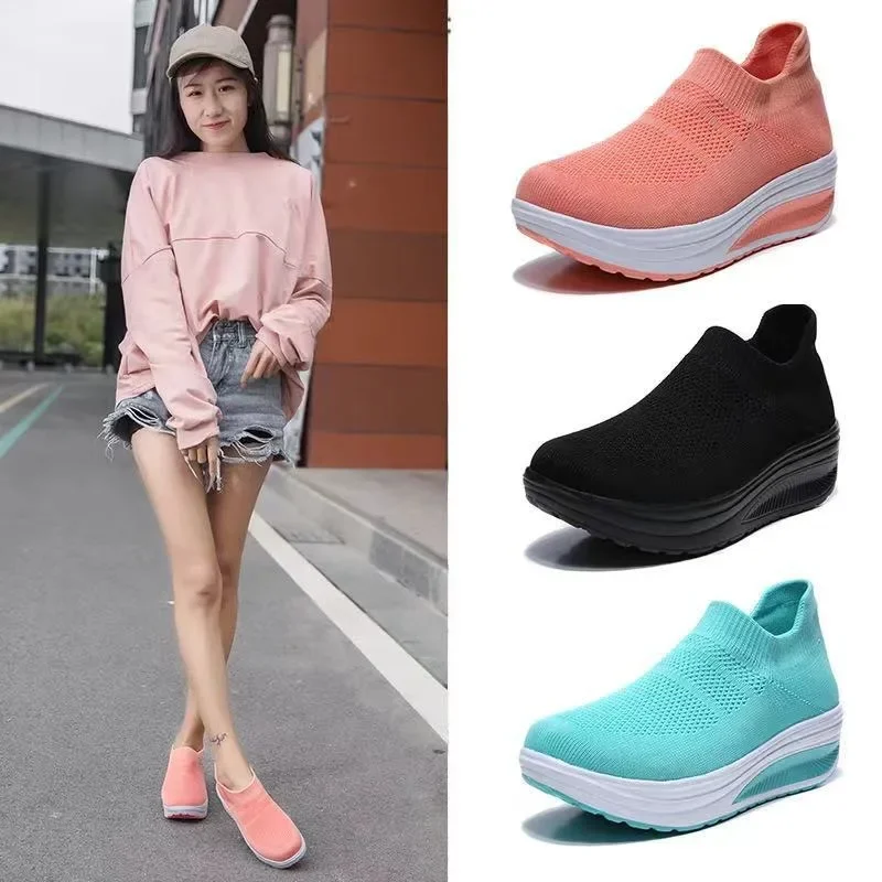 

Chunky Sneakers Wedge Women Shoes Durable Vulcanized Female Shoes Knitting Breathable Trendy Woman Sock Shoes Solid Lady Loafers