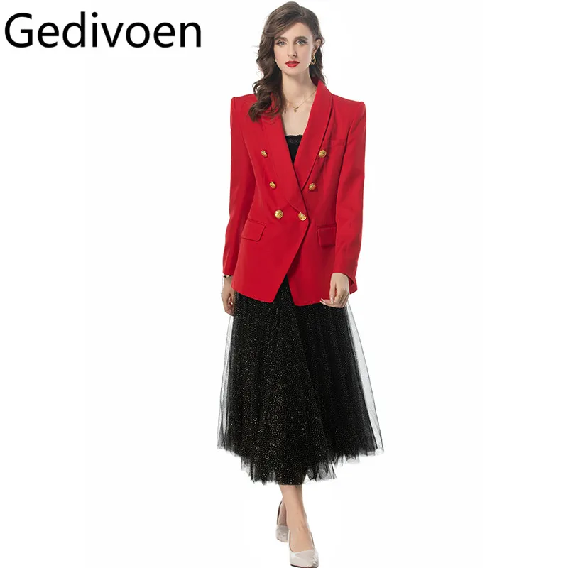 Gedivoen Summer Fashion Runway Designer Skirt Sets Women Solid Color Single Breasted Suits+Sequins Net Yarn Skirt 2 Pieces Set