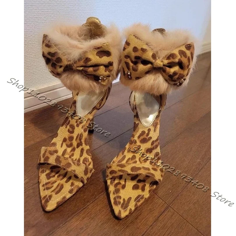 

Leopard Print Bow Knot Sandals Fur Decor Open Toe Back Zipper Metal Stiletto High Heels Women Dress Shoes Zapatos Para Mujere