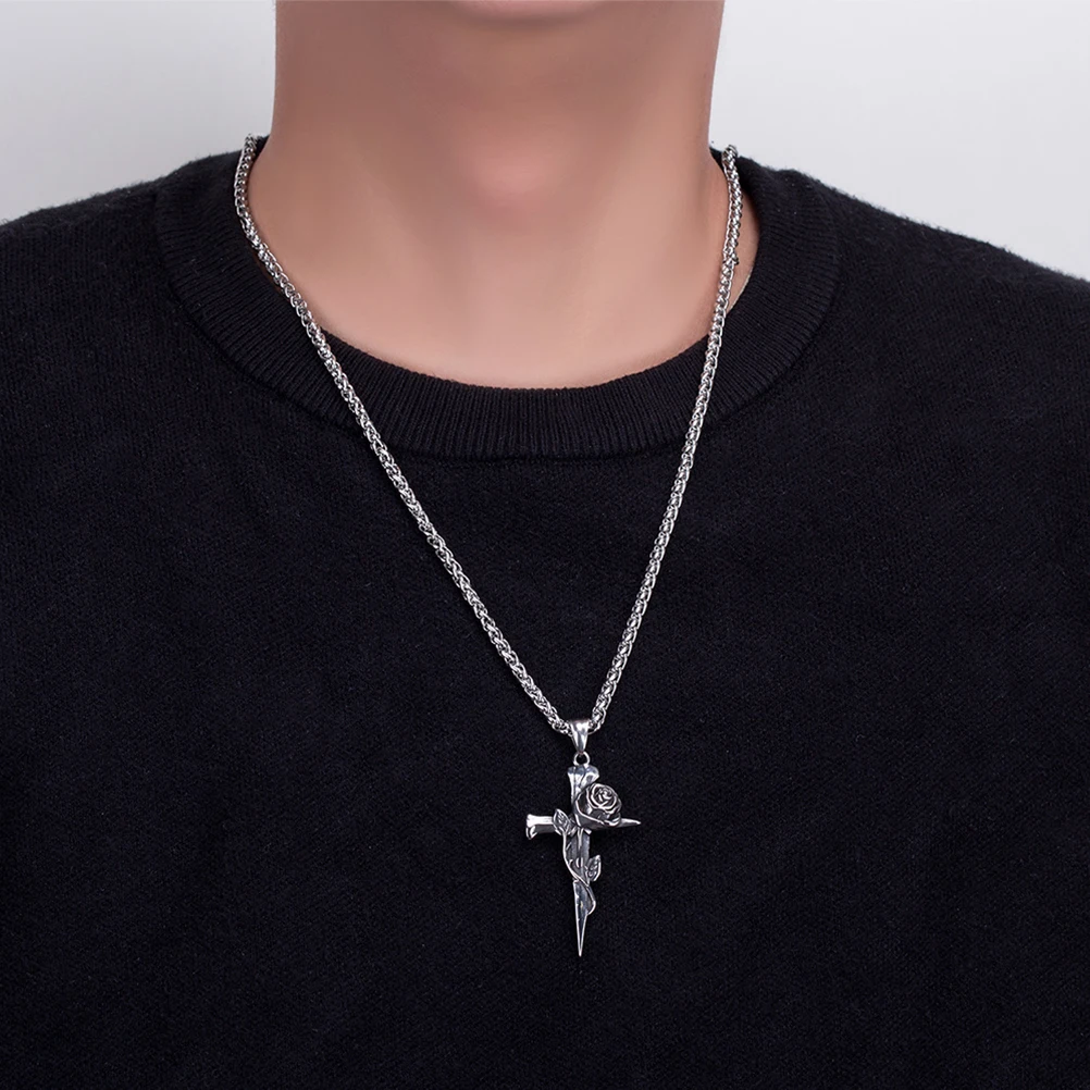 

Stainless Steel Cross For Men Punk Vintage Rose Pendant Necklace Hip Hop Jewelry Gift Chain Durable Skin-Friendly Smooth Surface