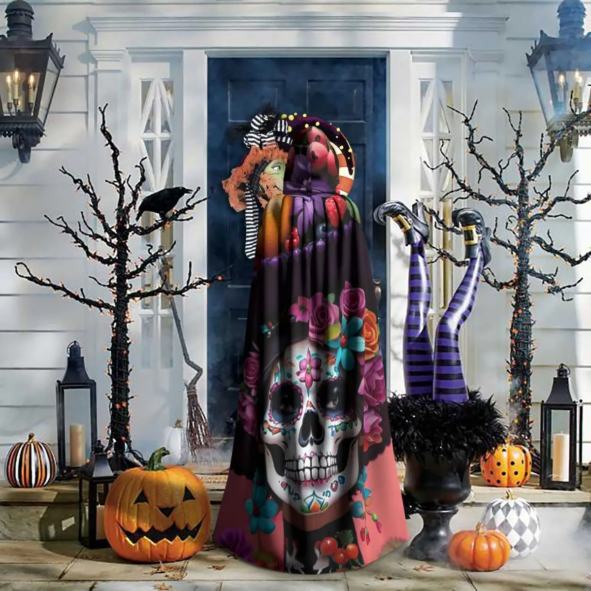 يوم الموتى السكر الجمجمة المكسيكي فتاة طويلة مقنعين عباءة الساحرة القرون الوسطى زي تأثيري كيب HalloweenParty الكبار للجنسين