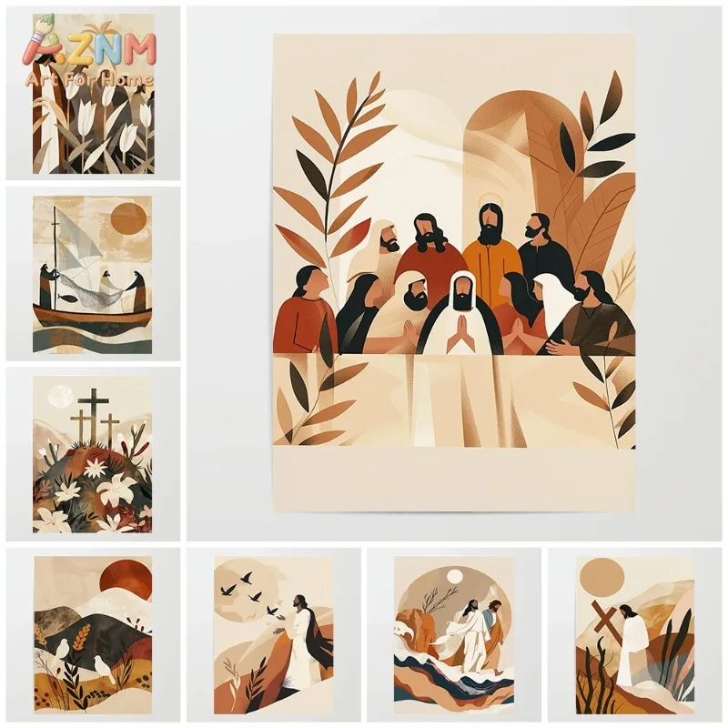 AZNM Boho Christian Jesus Canvas Wall Art Last Supper Religious Neutral Botanical Print Faith Home Decor Unframed