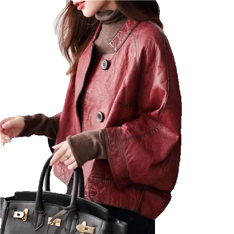 

Genuine Leather Jacket For Women's Short Spring Loose Single Leather Cloak, Sheep Leather Series Jacket Jacket Jacket