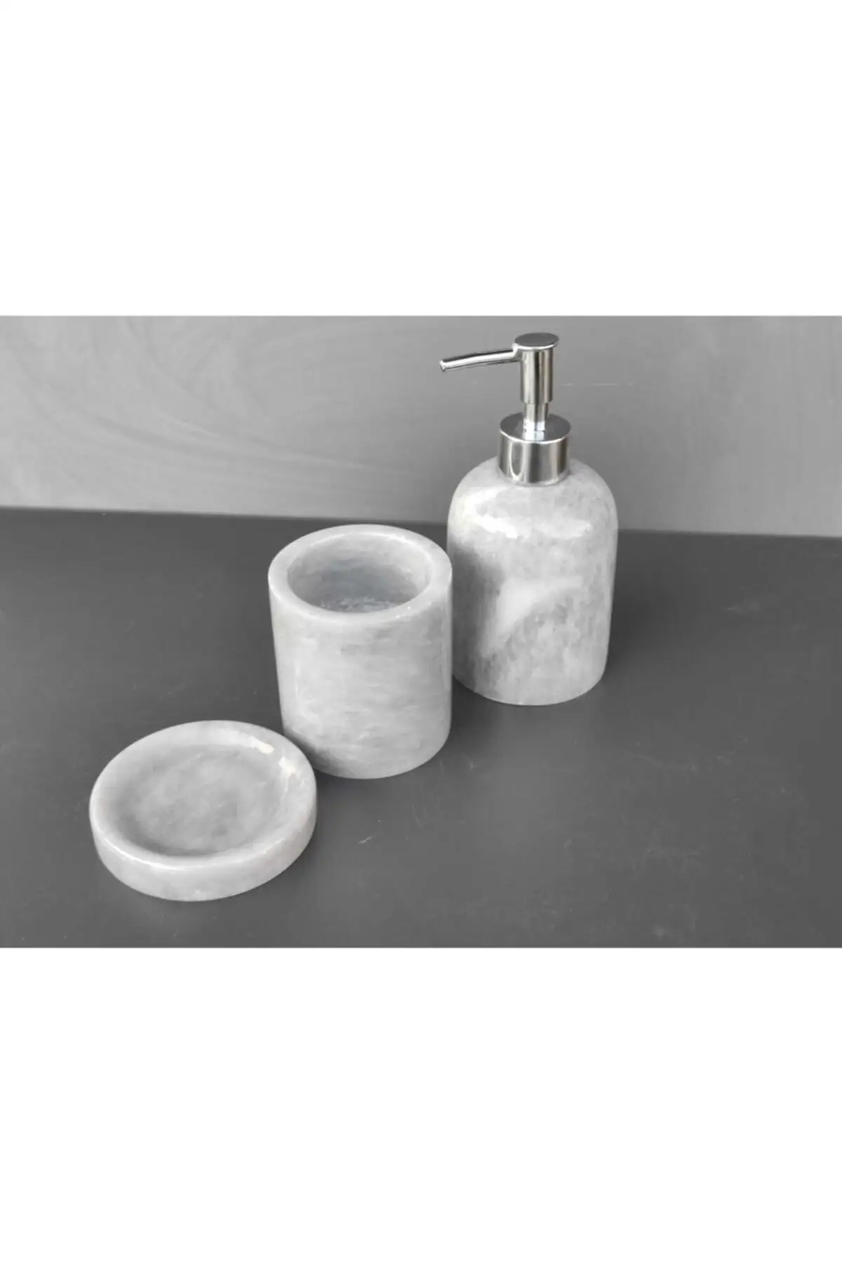 Kutahya has Gray Marble 3'lü Bathroom Seti TURKISH MARBLE KALİTESİ ceramic bathroom accessories set with bamboo base included ceramic cup s