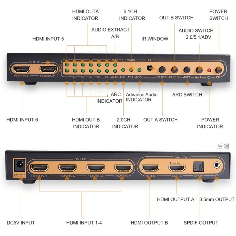 4K HDMI Matrix Switcher Splitter 6 In 2 Out PIP SPDIF 3.5mm AUX Audio Extractor ARC 4K30Hz 3D for Monitor Amplifier