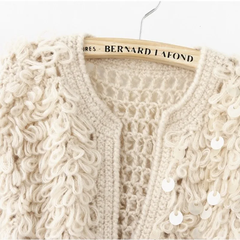 Woman Sequins Mohair Hollow Knitted Cardigan Sweater Tassels Jacket Sequined Fashion Short Coat Open Stitch Streetwear