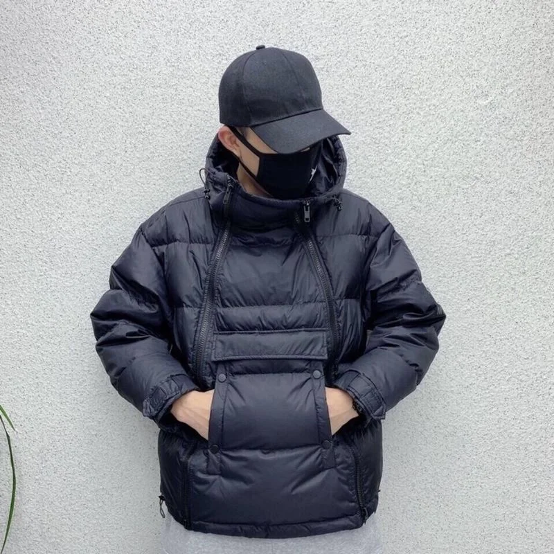 Jaqueta tática com zíper duplo, parkas com capuz, casaco de algodão masculino de inverno, pulôver preto, jaquetas acolchoadas brilhantes, casual, quente, roupa externa