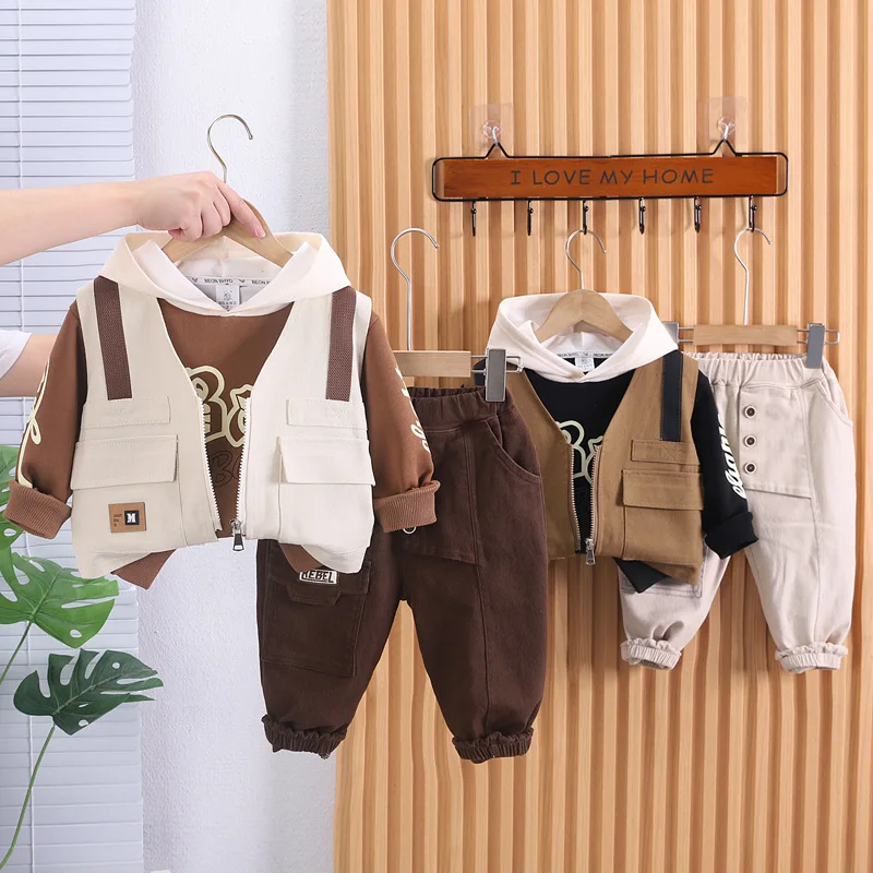 Toddler Outfits 2023 Spring Autumn Baby Boy Clothes Free Shipping Casual Zipper Cardigan Vest + Hooded Hoodies + Pants Kids Set