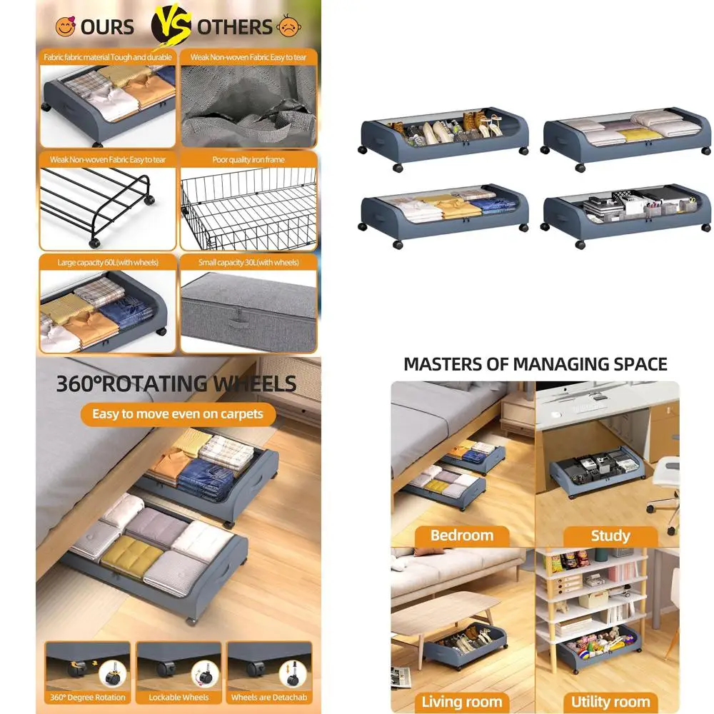 

Набор из 4 изогнутых контейнеров для хранения под кроватью объемом 60 л на колесиках для одежды, одеял и обуви - серый