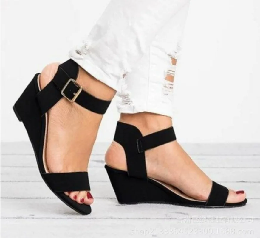 

Summer Women Sandals Suede Wedge Round Toe British Style Fashion Solid High Heel Sandals Classics Casual Womens Shoes
