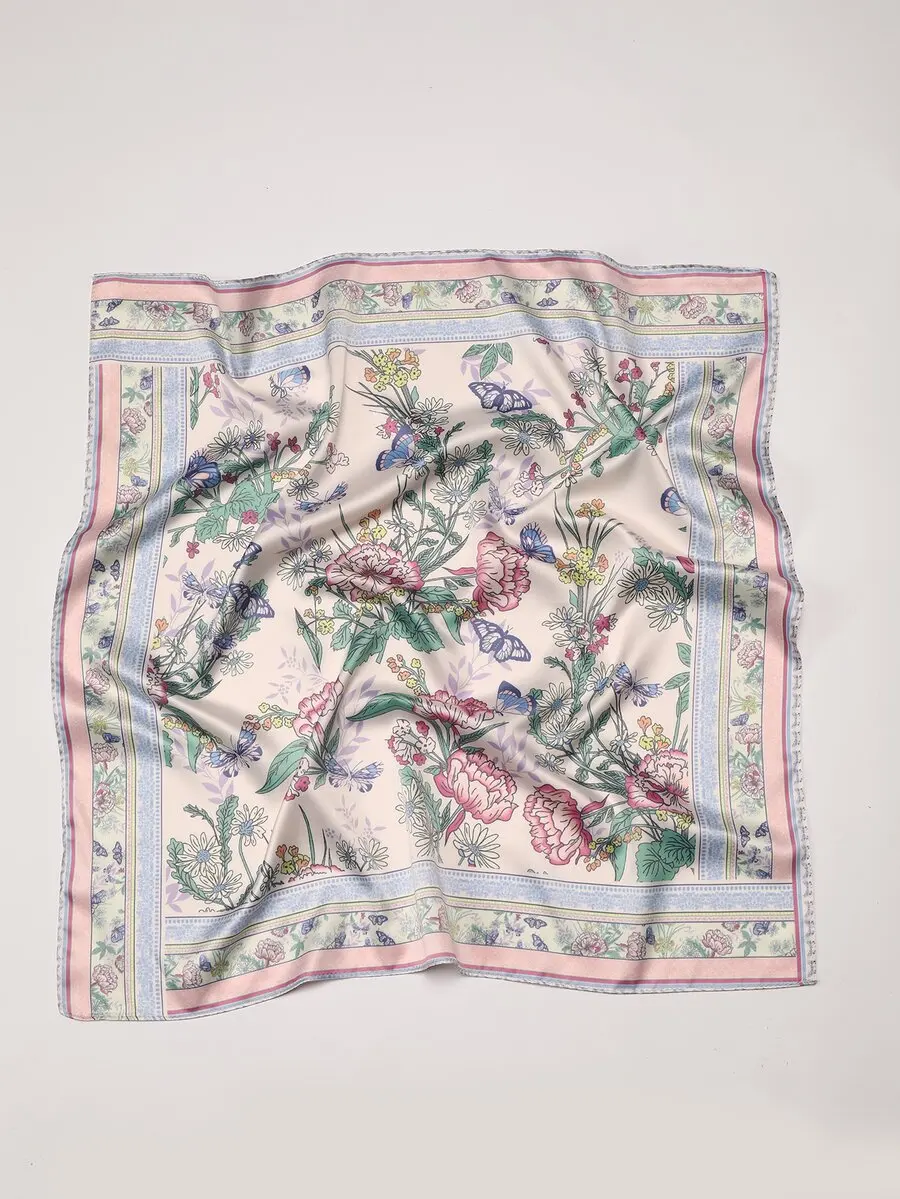 

1pc Womens Bohemian Floral Butterfly Print Elegant Satin Scarf Neckerchief Headscarf