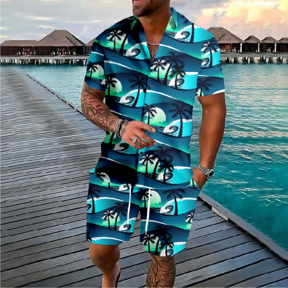 Hawaiiaanse palmboom kokospalm bloemen knop trainingspakken shirts shorts kleuren bloemen sets streetwear casual strand herenkleding