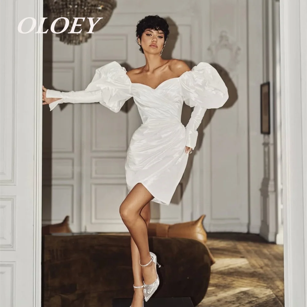 

OLOEY Modern Short Wedding Dresses Off the Shoulder Long Sleeves Pleats Bridal Gown for Brides Customized Cocktail Dress Bespoke