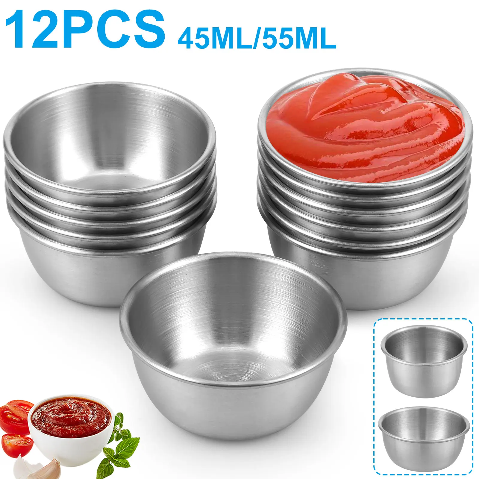 12/24Pcs Stainless Steel Small Sauce Cup Seasoning Spice Dishes Round Dipping Bowl 45/55ml Tableware Kitchen Supplies Korean