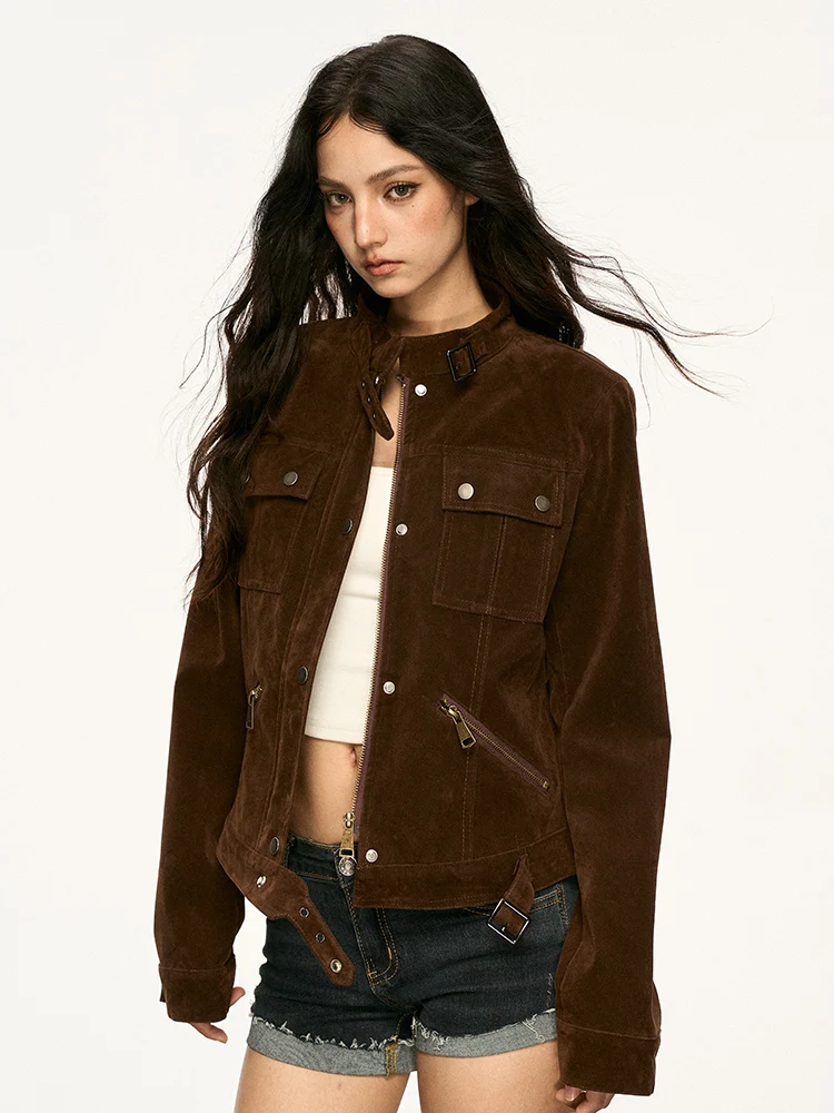 

Aaisup Brown Suede Jaet Women's Spring 2026 New Vintage ort Motorcycle Jaet Stand Collar Outerwear Ladies Faion