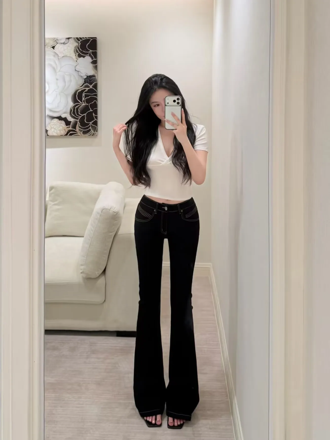 American Style Low Waist Slim Fit Jeans Supermodel High Leg Micro Flared Denim Retro Low Waist Bell Bottom Ladies Jeans