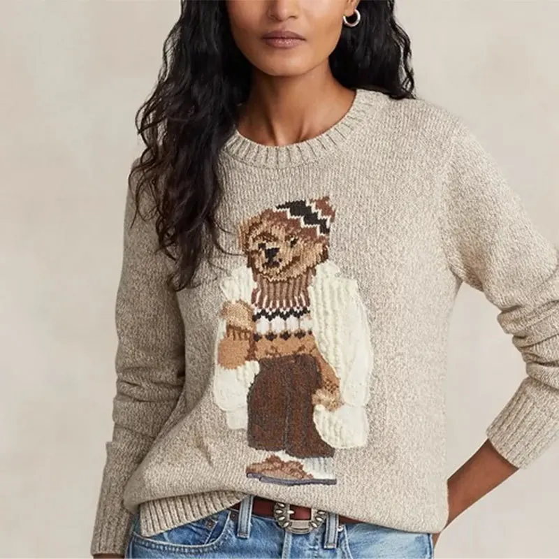 Classic Loose Polo Bear Embroidered Knitted Sweater for Women, Top with High-end Temperament and Versatile Clothing Cardigans