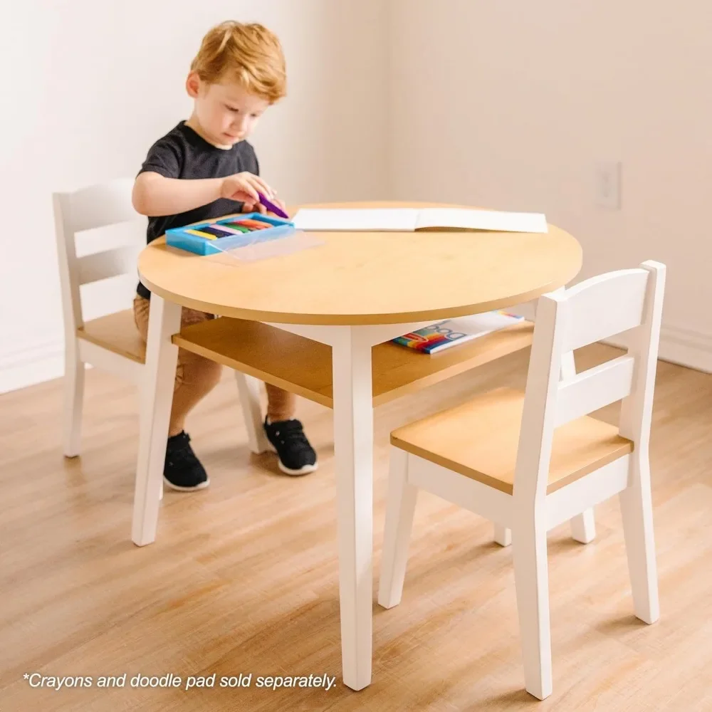 Melissa & Doug Wooden Round Table & 2 Chairs – Kids Furniture for Playroom, Light Woodgrain & White 2-Tone Finish - Two-Tone