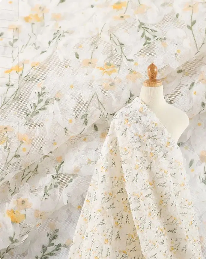 

New summer small floral lace fabric with ribbon embroidery for women's dresses stage costumes children's embroidered mesh fabric