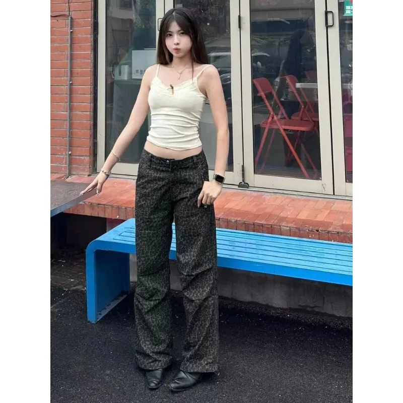 

2025 New Dark Black Leopard Print Pleated Jeans for Women New High-Waisted Straight Loose Floor-Length Pants