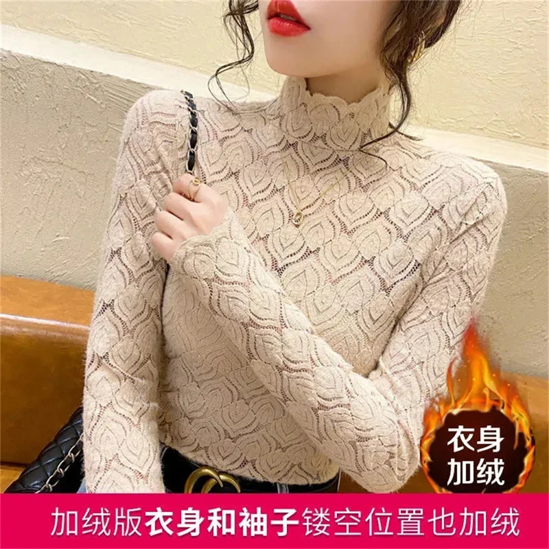 Half High Collar Lace Shirt Autumn And Winter New Brushed Shirt  Mesh Top Plush Shirt Mother Warm Long Sleeve Top For Female LD