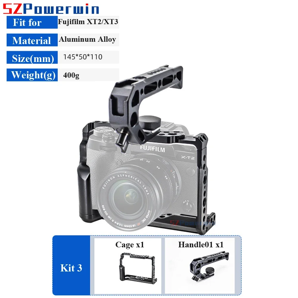 Powerwin For Fujifilm XT3 XT2 Camera Cage Rig Kit with wooden Handle Aluminum Alloy Multifunctional Arri Locating Screw